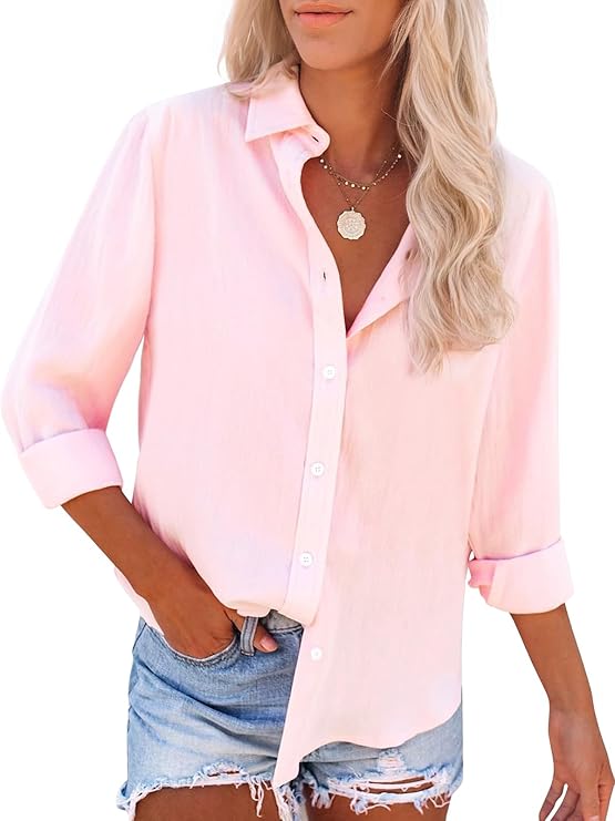Women's Bright Pink V-Neck Blouse with Button Front & Chest Pocket