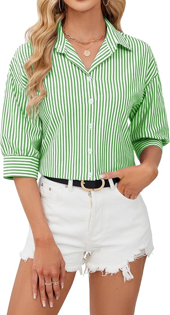 Striped Print Button Front Shirt, Casual Collared Long Sleeve Shirt With Pocket, Women's Clothing
